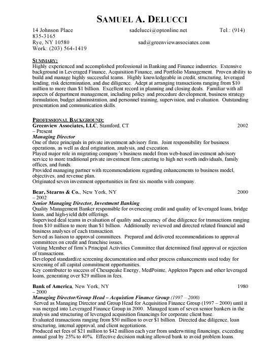 Investment Banking Sample Resume Template Example