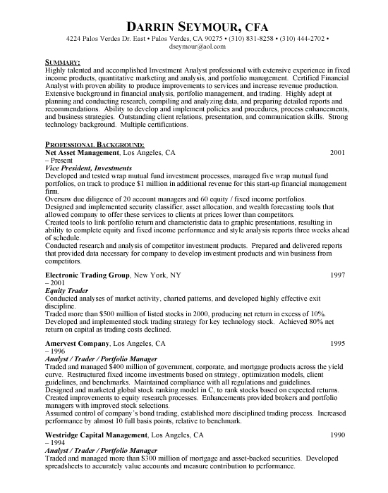 VP Investments Sample Resume Template Example